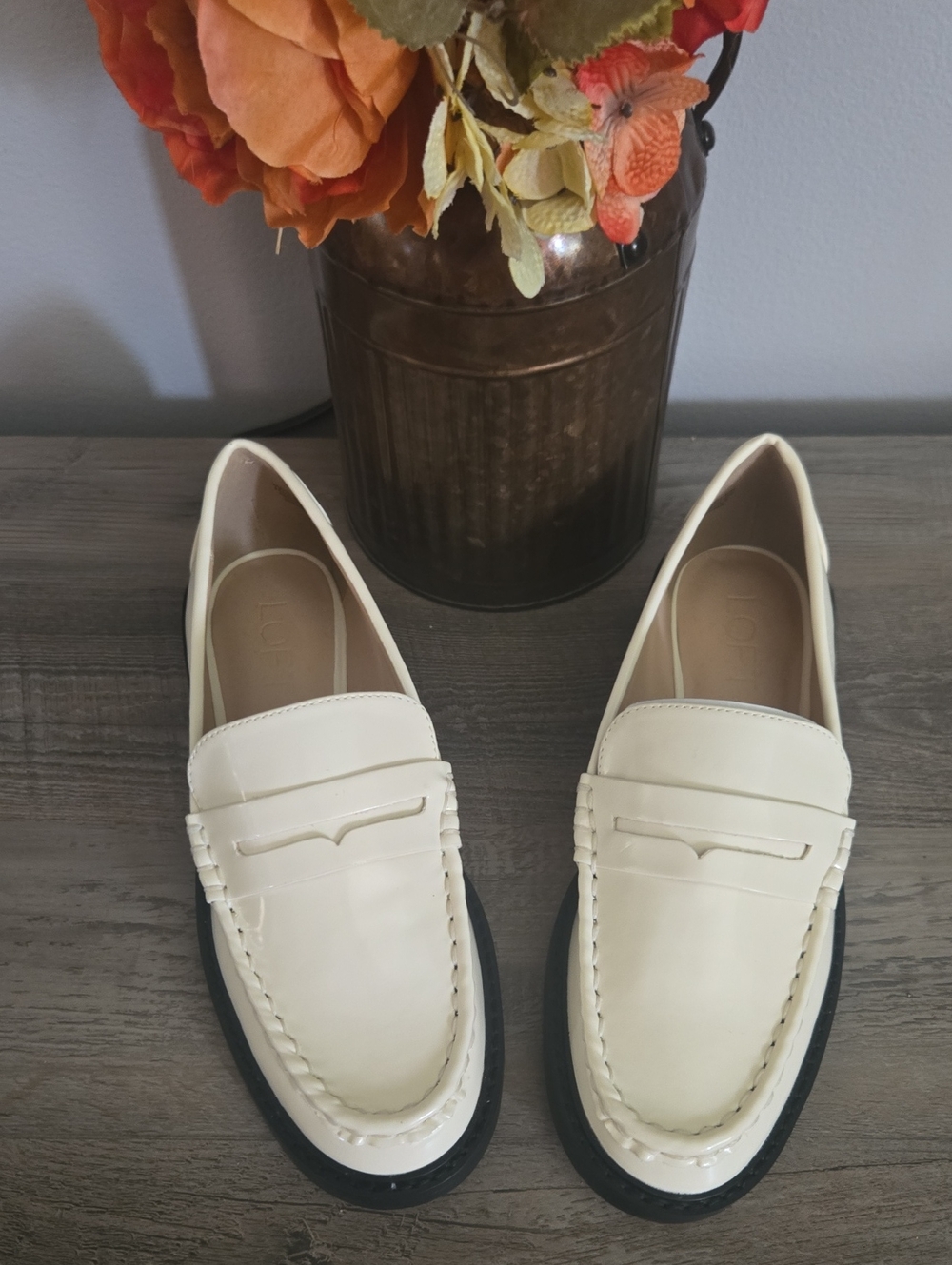 LOFT Cream Leather Penny Loafers
